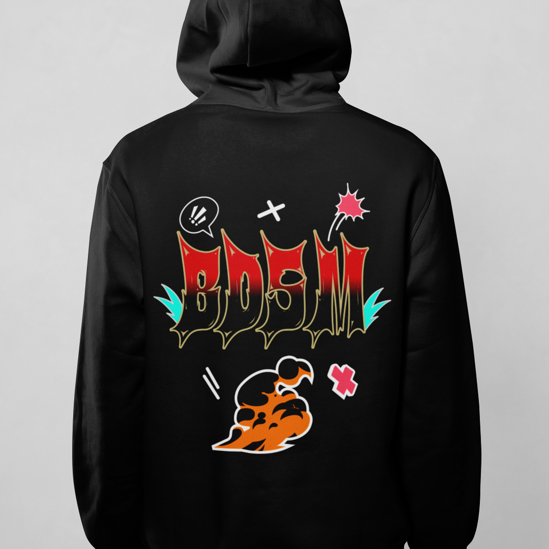 Black hoodie with colorful graphic design on a gray background