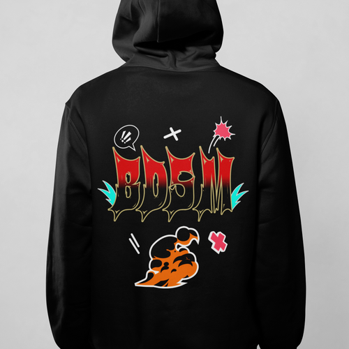 Black hoodie with colorful graphic design on a gray background