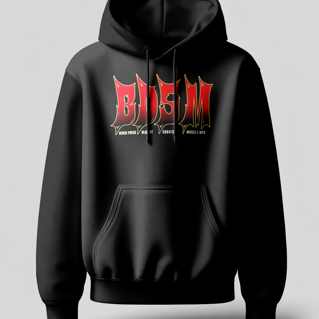 Black hoodie with red and white text on a gray background
