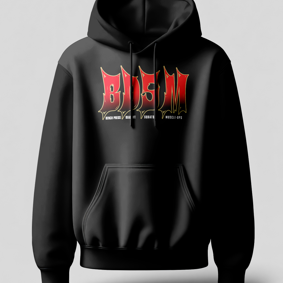 Black hoodie with red and white text on a gray background
