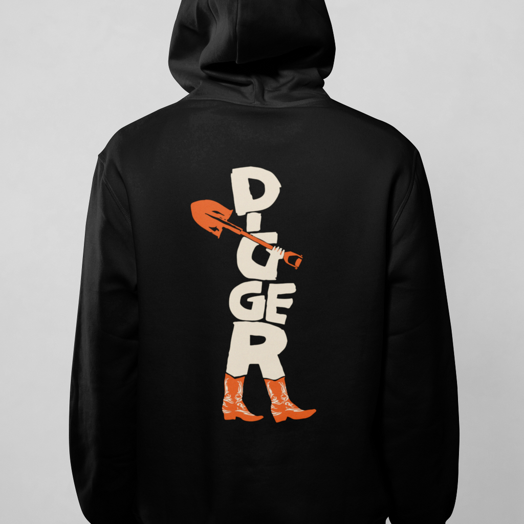 Black hoodie with 'Digger' graphic design on the back against a gray background