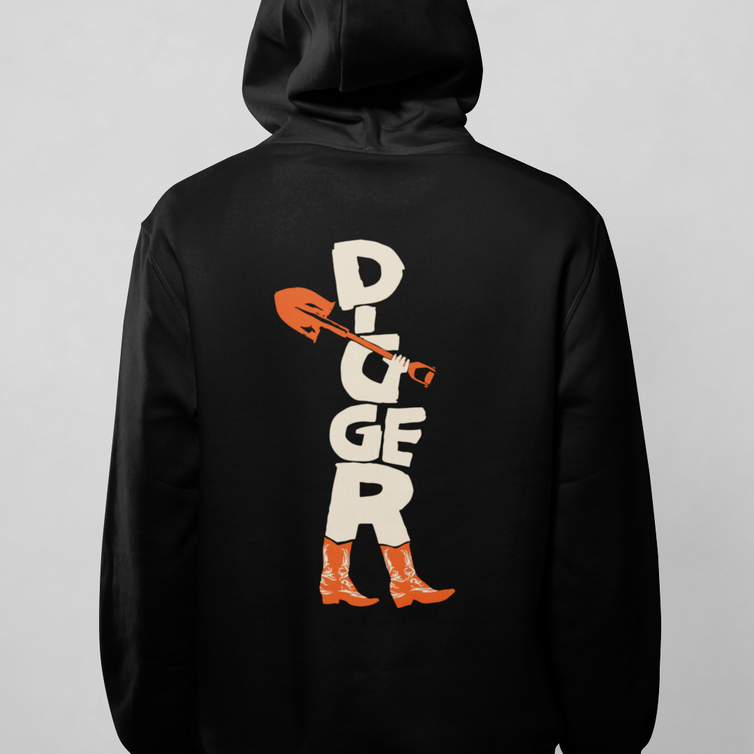 Black hoodie with 'Digger' graphic design on the back against a gray background