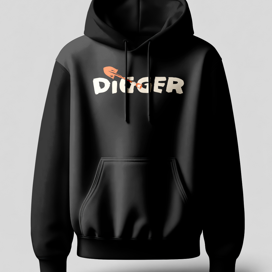 Black hoodie with Digger graphic text on a gray background