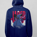 Blue hoodie with graphic design on the back against a gray background