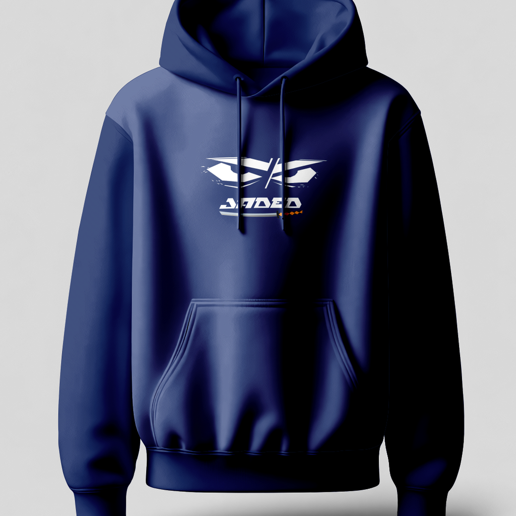 Navy blue hoodie with a logo on a light gray background