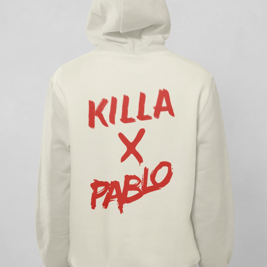 Off-White hoodie with red text 'KILLA X PABLO' on a light gray background