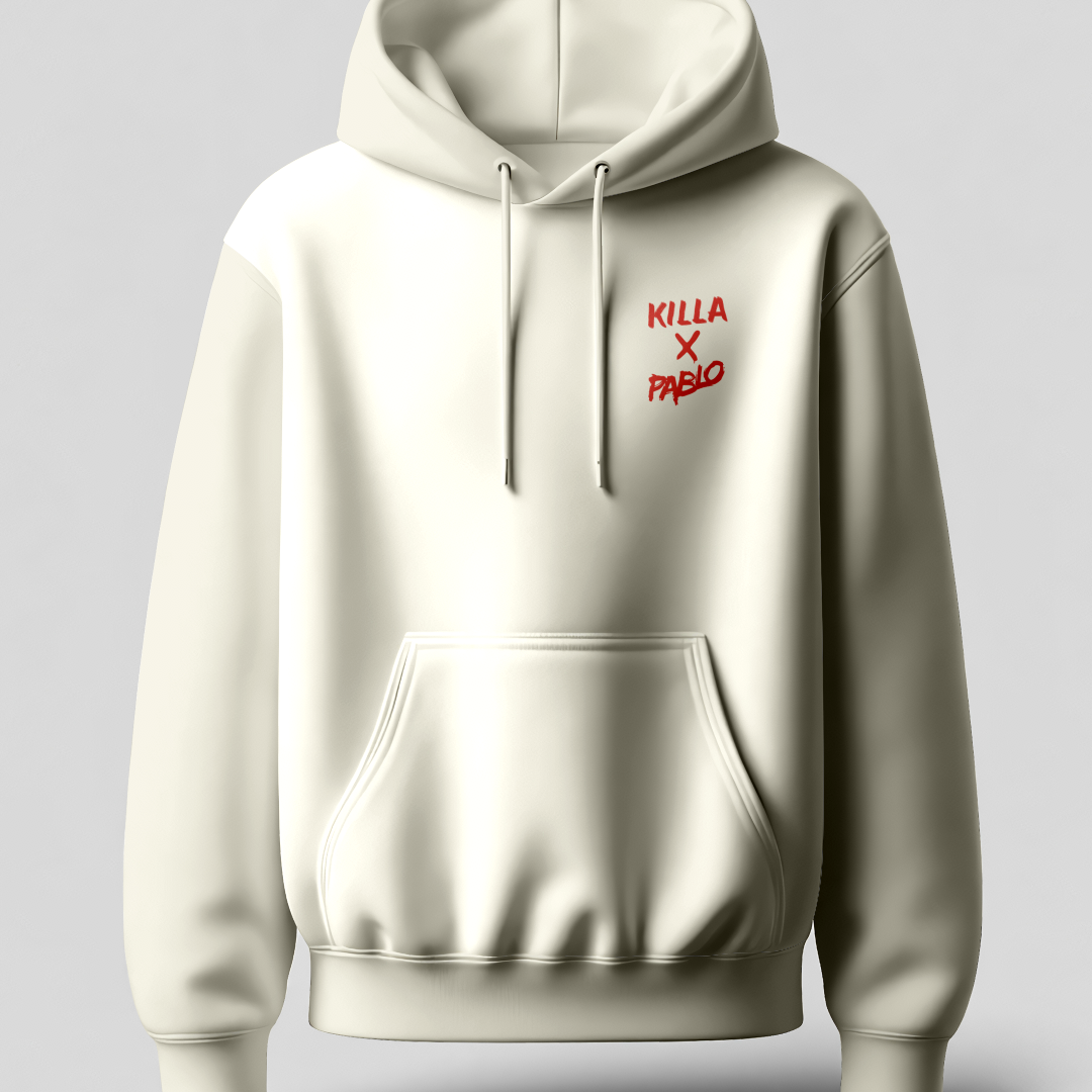Off-White hoodie with red text on a light gray background