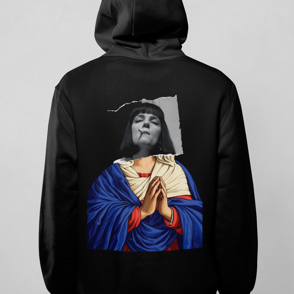 Black hoodie with a printed design on the back against a gray background
