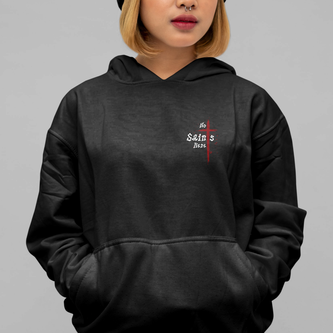 Person wearing a black hoodie with a logo on a gray background