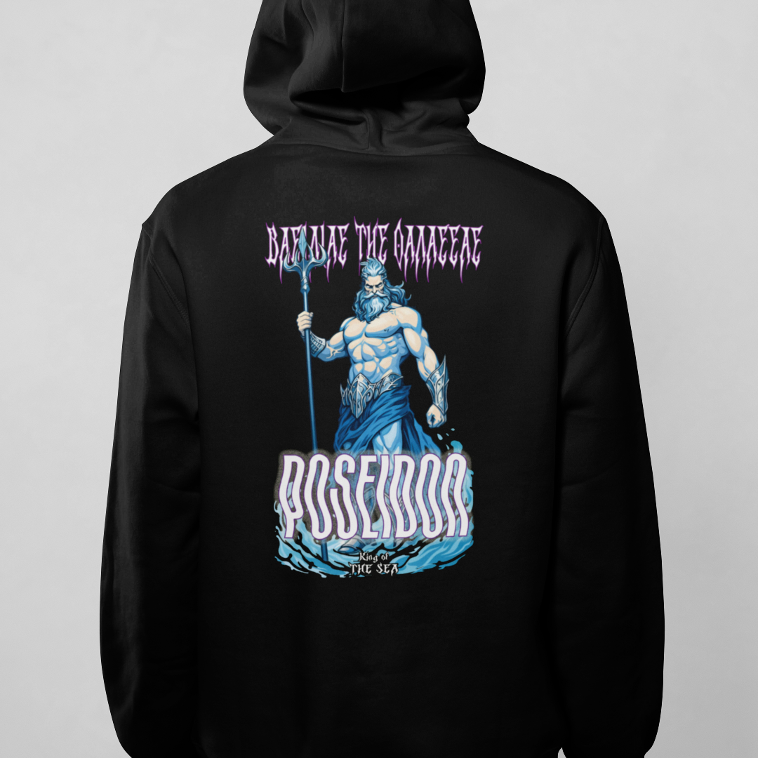 Black hoodie with graphic design on the back against a gray background