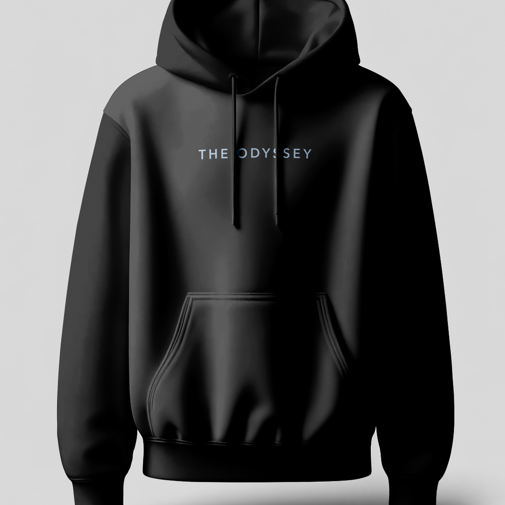 Black hoodie with 'THE ODYSSEY' text on a gray background