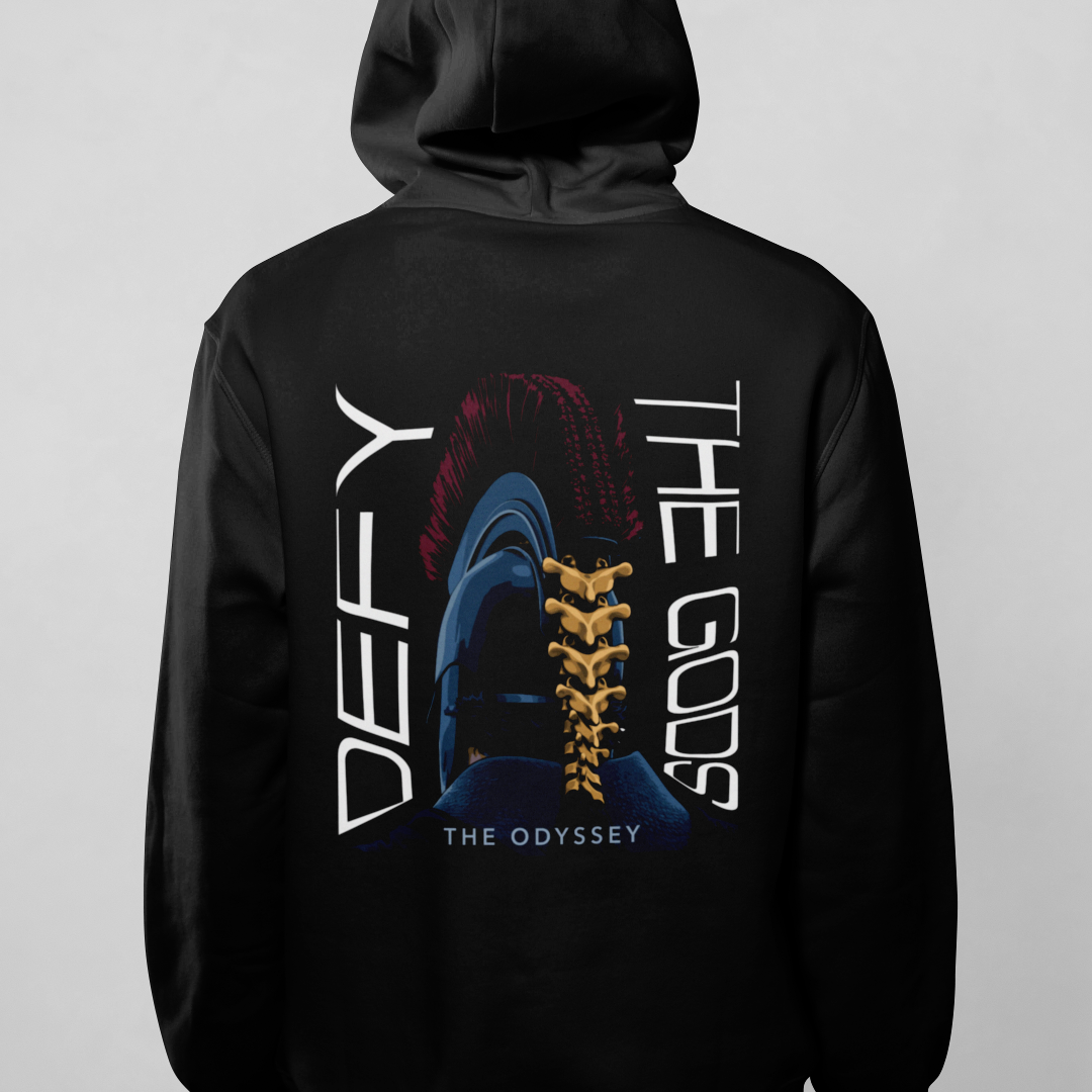 Black hoodie with graphic design on the back against a gray background