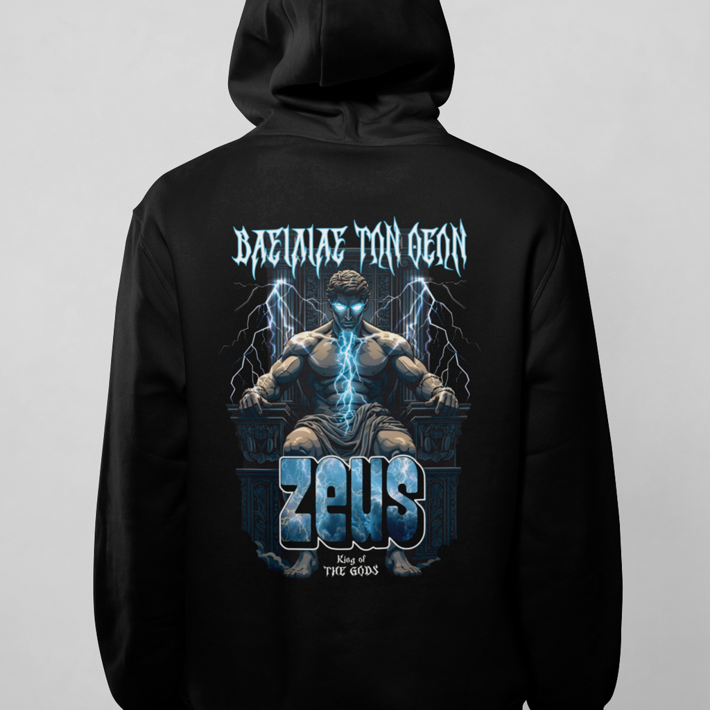 Black hoodie with 'Zeus' graphic design on the back against a gray background