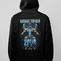 Black hoodie with 'Zeus' graphic design on the back against a gray background