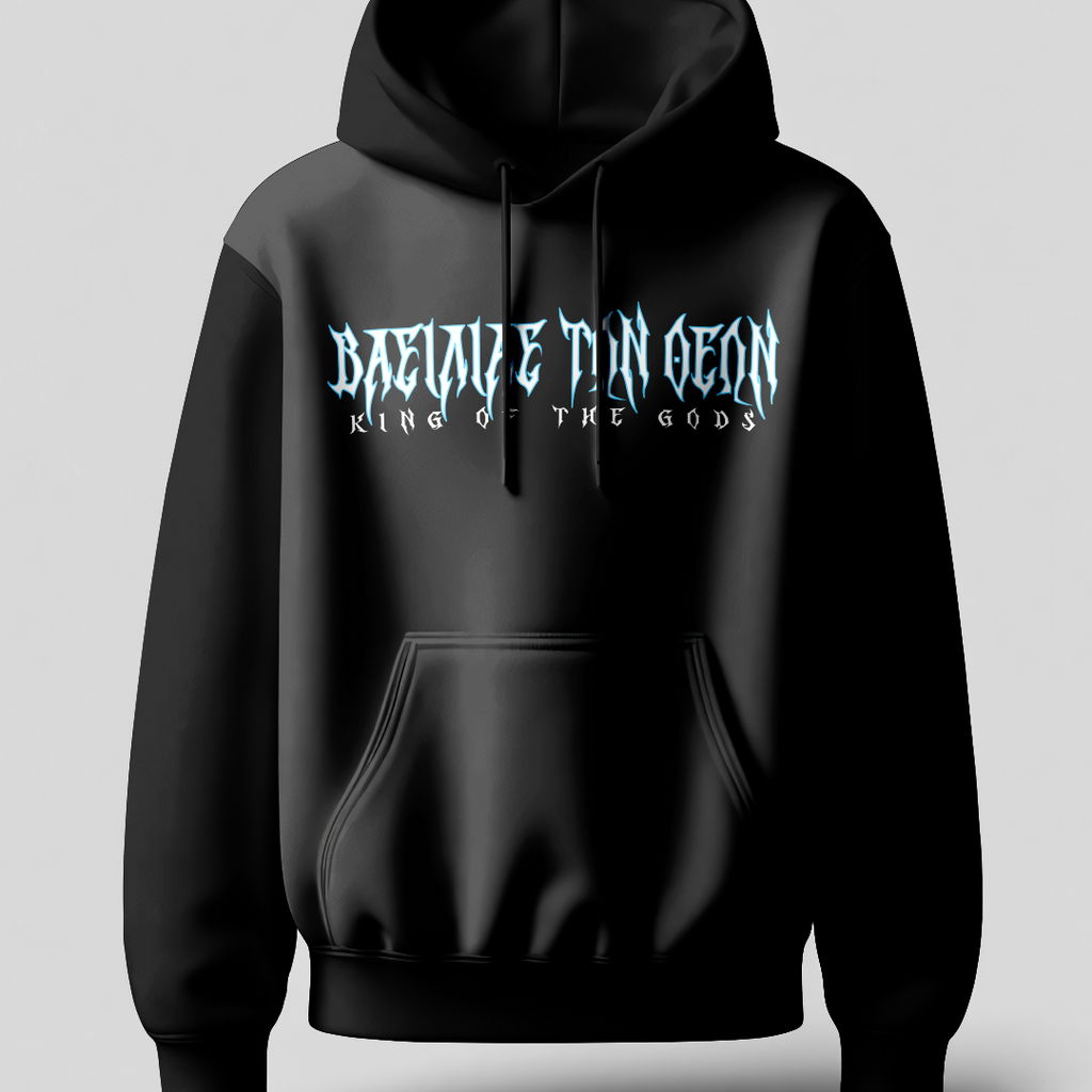 Black hoodie with white text on a light gray background